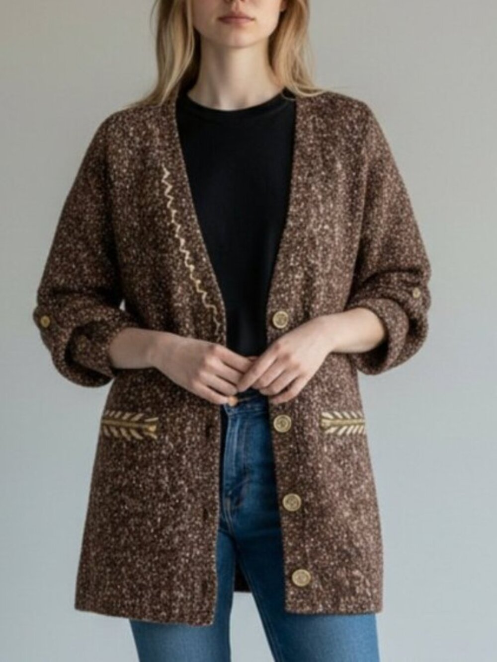 BKE Vintage 3/4 Sleeve Brown Western Cardigan Knit Salt Pepper Sweater Women's L